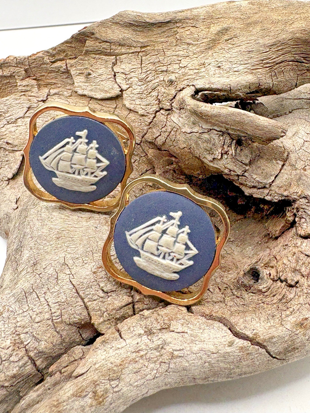 Wedgwood Cuff links Viking Ship Blue Jasperware Stratton England Vintage Signed